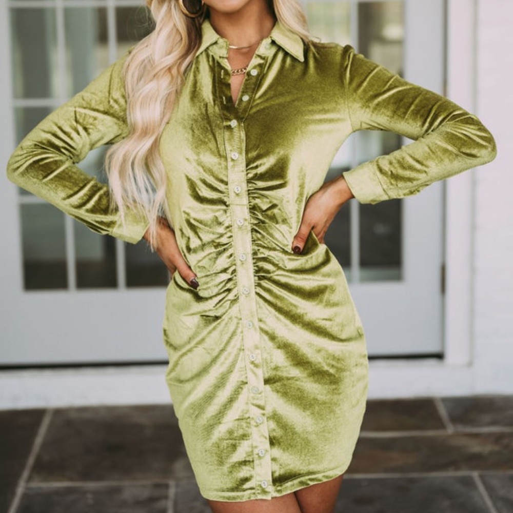 Velour Button Down Dress Green